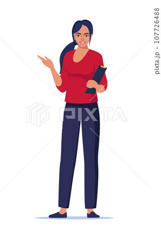 Woman introduce, show and present something. Business speaker standing with clipboard and pointing direction, gesturing with arm. Female presenter. Vector illustration. Woman introduce, show and present something. Business speaker standing with clipboard and pointing direction, gesturing with arm. Female presenter. Vector illustration. 107726488