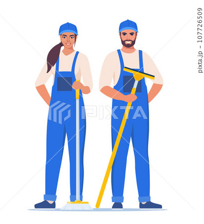 Cleaning service man and woman character in uniform with mop and glass cleaning scraper. Worker of cleaning service. Vector illustration. Cleaning service man and woman character in uniform with mop and glass cleaning scraper. Worker of cleaning service. Vector illustration. 107726509
