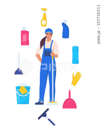 Woman dressed in uniform with mop. Worker of cleaning service. Cleaning tools and detergent. Bucket, scoop, brush, washing powder, bottle of spray, sponge, glass scraper, rubber gloves. Vector. 107726511