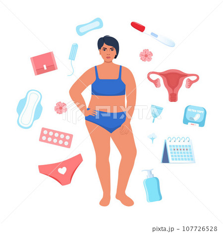 Womans health concept. Menstruation, period, female uterus, reproductive system. Woman, pregnancy test, tampon, calendar, womb, pads, menstrual cup, pants. Vector illustration. Womans health concept. Menstruation, period, female uterus, reproductive system. Woman, pregnancy test, tampon, calendar, womb, pads, menstrual cup, pants. Vector illustration. 107726528