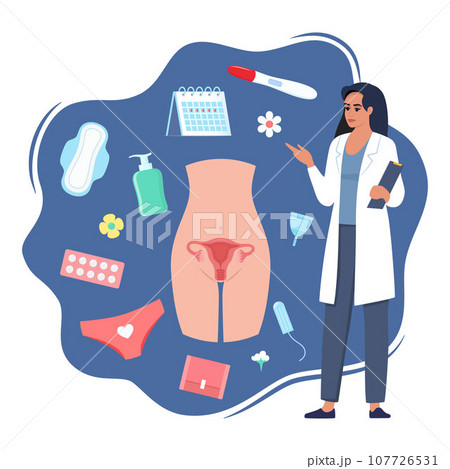 Womans health concept. Menstruation, period, female uterus, reproductive system. Doctor gynecologist standing with clipboard, pregnancy test, tampon, calendar, pads, menstrual cup, pants. Vector. 107726531