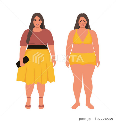 Oversize obesity, pretty large lady in beautiful fashionable clothes and in underwear. Body positive woman. Plus size female character. Attractive curvy, overweight girl. Vector illustration. 107726539