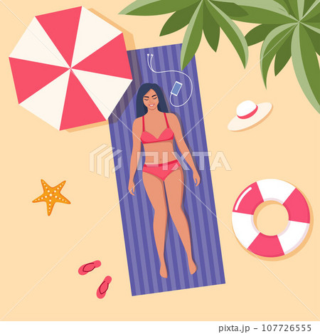 Beautiful young woman in swimsuit sunbathes on the beach. Top view beach background. Summer time vacations. Vector illustration. 107726555