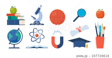 School, science and education icons. Microscope, atom, books, magnet, globe, basketball. Back to school. Vector illustration. School, science and education icons. Microscope, atom, books, magnet, globe, basketball. Back to school. Vector illustration. 107726618
