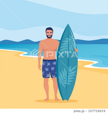 Young man surfer with surfboard standing on the beach. Smiling surfer guy. Vector illustration. 107726659