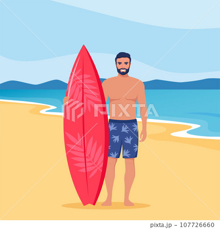 Young man surfer with surfboard standing on the beach. Smiling surfer guy. Vector illustration. 107726660