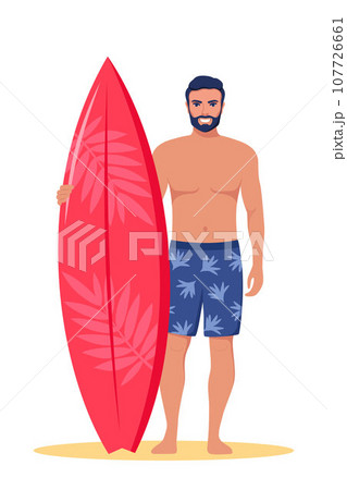 Young man surfer with surfboard standing on the beach. Smiling surfer guy. Vector illustration. 107726661
