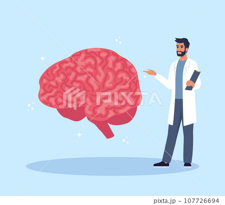 Doctor gives a training lecture about anatomy. Doctor presenting human brain infographics. Medical seminar, lecture, healthcare meeting concept. Vector illustration. Doctor gives a training lecture about anatomy. Doctor presenting human brain infographics. Medical seminar, lecture, healthcare meeting concept. Vector illustration. 107726694