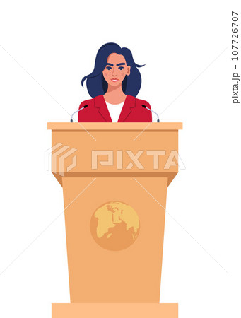 Woman in a business suit stands on a rostrum in front of the microphones. Woman orator speaking from tribune. Vector illustration. Woman in a business suit stands on a rostrum in front of the microphones. Woman orator speaking from tribune. Vector illustration. 107726707