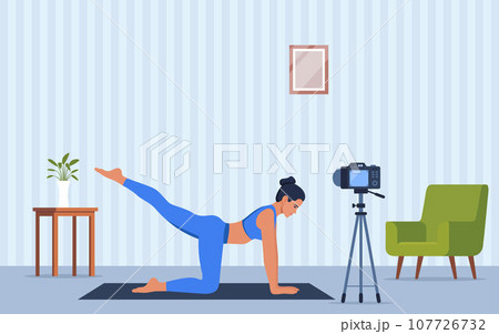 Female character doing yoga exercises at home recording video with camera on tripod. Social network blogging, healthy lifestyle concept. Sport streming. Vector illustration. Female character doing yoga exercises at home recording video with camera on tripod. Social network blogging, healthy lifestyle concept. Sport streming. Vector illustration. 107726732