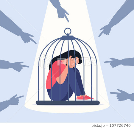 Unhappy female character locked in cage. Fingers pointing on sad girl. Concept of bullying and violence in society. Victim woman. Vector illustration. 107726740