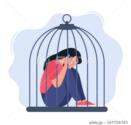 Woman locked in cage. Unhappy female character sitting on floor and hugging knees. Female empowerment movement. Concept of restriction of freedom, domestic violence. Vector illustration. Woman locked in cage. Unhappy female character sitting on floor and hugging knees. Female empowerment movement. Concept of restriction of freedom, domestic violence. Vector illustration. 107726743