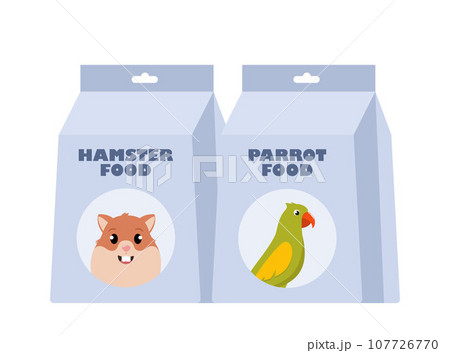 Parrot Food and Hamster food pack. Packages of dry food. Pet shop, domestic animal, care concept. Vector illustration. 107726770
