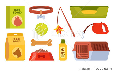 Pet accessories and food set. Dogs and cats supplies, pet shop equipment, toys, home, bowl, cage, scratching post, ball, collar, dog bed. Pet care equipment. Vector illustration. Pet accessories and food set. Dogs and cats supplies, pet shop equipment, toys, home, bowl, cage, scratching post, ball, collar, dog bed. Pet care equipment. Vector illustration. 107726814