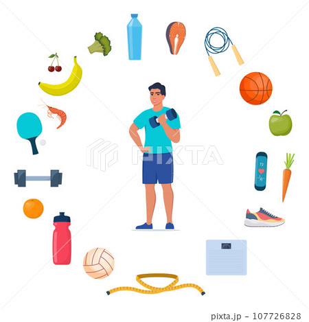 Man dressed in sports clothes does exercises with dumbbells. Icons of healthy food, vegetables and sports equipment for different sports around him. Healthy lifestyle concept. Vector illustration. Man dressed in sports clothes does exercises with dumbbells. Icons of healthy food, vegetables and sports equipment for different sports around him. Healthy lifestyle concept. Vector illustration. 107726828