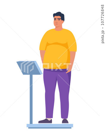 Fat obese man standing on weigh scales. Oversize fatty boy. Obesity weight control concept. Overweight male cartoon character full length. Vector illustration. Fat obese man standing on weigh scales. Oversize fatty boy. Obesity weight control concept. Overweight male cartoon character full length. Vector illustration. 107726848