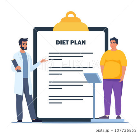 Fat man standing on weigh scales. Doctor explain about health and how to loose weight, Diet plan for obese patient, fat control instruction, diabetes patient, control calories, sports. Vector. Fat man standing on weigh scales. Doctor explain about health and how to loose weight, Diet plan for obese patient, fat control instruction, diabetes patient, control calories, sports. Vector. 107726855
