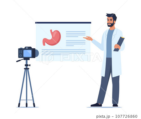 Doctor gives a training lecture about anatomy on camera. Doctor presenting human stomach infographics. Online medical seminar, lecture, healthcare meeting concept. Vector illustration. 107726860