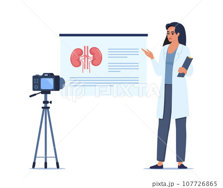 Doctor gives a training lecture about anatomy on camera. Doctor presenting human kidneys infographics. Online medical seminar, lecture, healthcare meeting concept. Vector illustration. 107726865