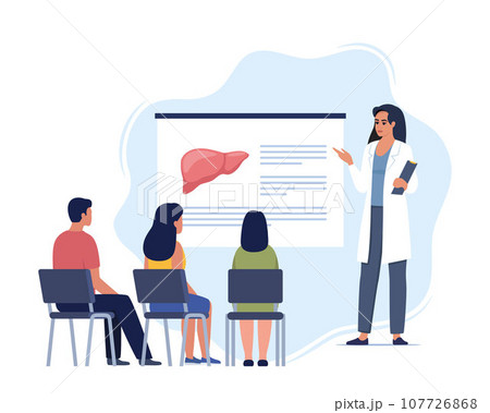 Doctor gives a training lecture about anatomy for students. Doctor presenting human liver infographics. Online medical seminar, lecture, healthcare meeting concept. Vector illustration. 107726868