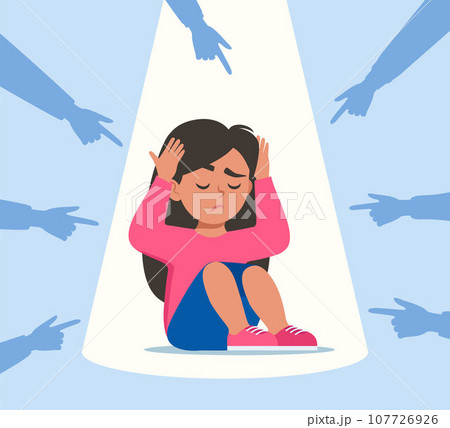 Sad or depressed girl kid surrounded by hands with index fingers pointing at her. Social bullying concept. Public trolling, shaming. Vector illustration. Sad or depressed girl kid surrounded by hands with index fingers pointing at her. Social bullying concept. Public trolling, shaming. Vector illustration. 107726926