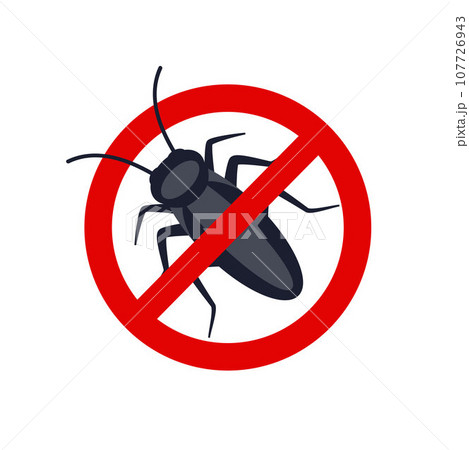 Anti cockroach, pest control. Stop insects sign. Silhouette of cockroach in red forbidding circle, vector illsutration. Anti cockroach, pest control. Stop insects sign. Silhouette of cockroach in red forbidding circle, vector illsutration. 107726943
