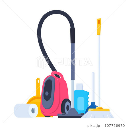 Cleaning tools and detergent for cleaning service web banner, poster design. Bucket, scoop, brush, washing powder, bottle of spray, sponge, glass scraper, rubber gloves. Vector illustration. Cleaning tools and detergent for cleaning service web banner, poster design. Bucket, scoop, brush, washing powder, bottle of spray, sponge, glass scraper, rubber gloves. Vector illustration. 107726970