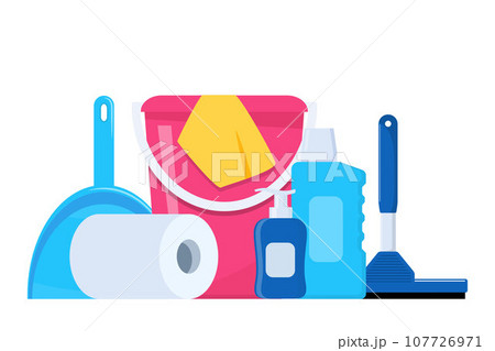 Cleaning tools and detergent for cleaning service web banner, poster design. Bucket, scoop, brush, washing powder, bottle of spray, sponge, glass scraper, rubber gloves. Vector illustration. Cleaning tools and detergent for cleaning service web banner, poster design. Bucket, scoop, brush, washing powder, bottle of spray, sponge, glass scraper, rubber gloves. Vector illustration. 107726971