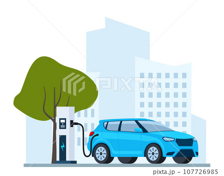 Electric car charging, side view. Modern urban landscape with high-rise buildings skyscrapers. Ecologically clean transport, eco-city. Vector illustration. 107726985