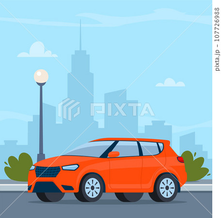 Red modern Suv car, side view. Modern urban landscape with high-rise buildings skyscrapers on background. Vector illustration. 107726988