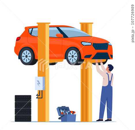 Car repair. Auto mechanic near the car lifted on autolifts. Car service and repair, diagnostics. Auto service. Vector illustration. 107726989