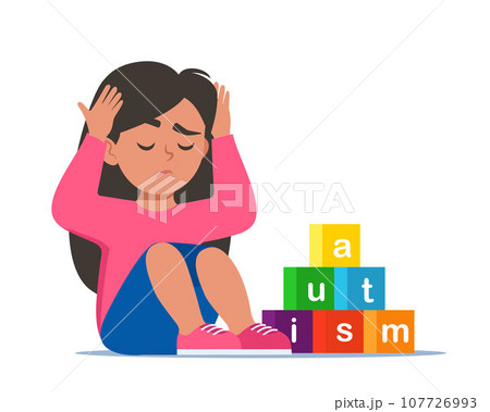 Autism concept. Girl feeling lonely. Sad boy sitting on floor surrounded by cubes toys with word autism. Child plugged ears with hands. Vector illustration. 107726993