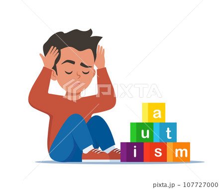 Autism concept. Boy feeling lonely. Sad boy sitting on floor surrounded by cubes toys with word autism. Child plugged ears with hands. Vector illustration. 107727000