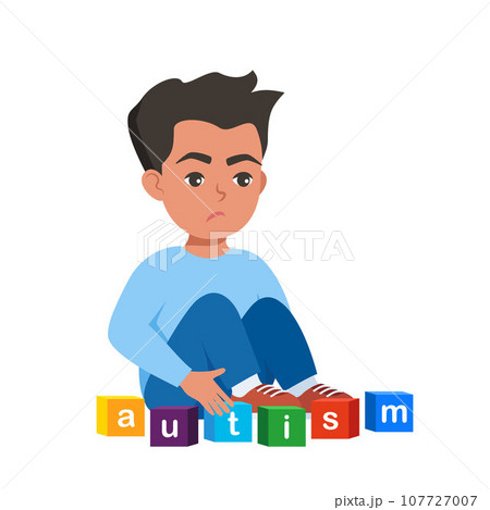 Autism concept. Boy feeling lonely. Sad boy sitting on floor surrounded by cubes toys with word autism. Vector illustration. 107727007