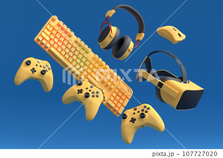 Top view gamer gears like joystick, keyboard, headphones and mouse Top view gamer gears like joystick, keyboard, headphones and mouse 107727020