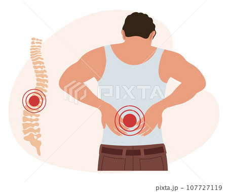 A man with pain in the cervical and lumbar vertebrae. Back pain, muscle pain, osteoarthritis, rheumatoid arthritis. Medicine. Illustration, vector 107727119