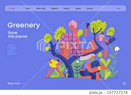 Greenery, ecology -modern flat vector concept illustration of people on a tree, surrounded by plants. Metaphor of environmental sustainability and protection, closeness to nature 107727276