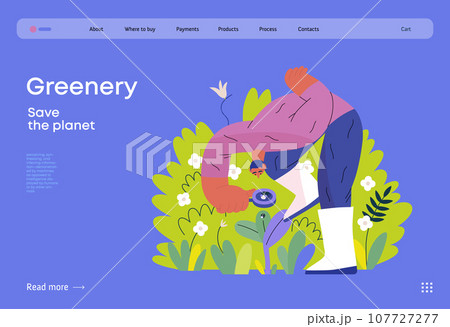 Greenery, ecology -modern flat vector concept illustration of a man in plants, looking at the bug through the lens. Metaphor of environmental sustainability and protection, closeness to nature Greenery, ecology -modern flat vector concept illustration of a man in plants, looking at the bug through the lens. Metaphor of environmental sustainability and protection, closeness to nature 107727277