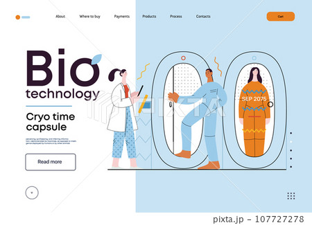 Bio Technology, Cryocapsule Time Freezer -modern flat vector concept illustration of futuristic cryocapsules resembling frozen time vaults. Metaphor of preserving life, time through cryonic technology 107727278