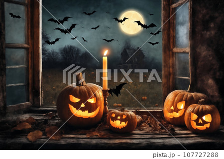 halloween holiday decorations, scary jack o lantern pumpkins and candles on a windowsill, flying bats outside the window, moonlit night, mystic and dark magic 107727288