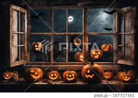 decoration for halloween holiday, pumpkins, jack on lantern on a windowsill, flying bats in night outside the window 107727301