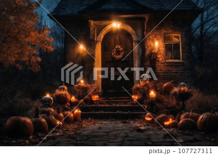 Halloween decorations on the porch of an old house exterior, jack o lantern pumpkins, abandoned place, night, autumn nature 107727311