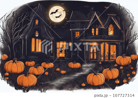 night view of home exterior decorated for halloween holiday, jack o lanterns in the yard night view of home exterior decorated for halloween holiday, jack o lanterns in the yard 107727314