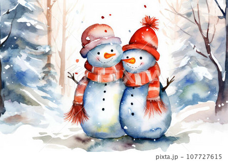 AI generation. Watercolor illustration of two snowmen in red hats and scarves against a forest background. 107727615