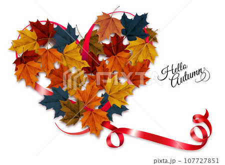 Autumn colorful forest leaves in the shape of a heart framed by a red sparkling ribbon. Sale Frame. Vector illustration. 107727851