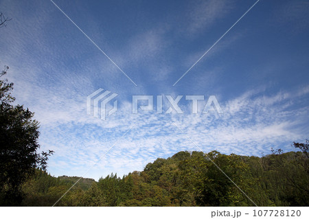 秋の空、白い雲が流れ里山は色づき始めた　福島県只見町 107728120