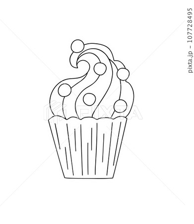 Cupcake with creamy topping pastry doodle outline hand drawn vector illustration, sweet dessert image bakery concept clipart for menu, poster, card, invitation, website 107728495