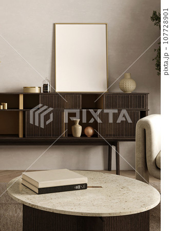 Modern beige livingroom with cabinet, green plants and picture frame background. Light modern japanese nature view. 3d rendering. High quality 3d illustration Modern beige livingroom with cabinet, green plants and picture frame background. Light modern japanese nature view. 3d rendering. High quality 3d illustration 107728901