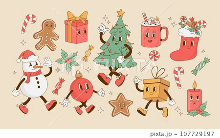 Collection of Christmas and New year characters in retro style. Collection of Christmas and New year characters in retro style. 107729197