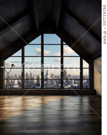 Empty dark interior in loft style with panoramic windows AI Empty dark interior in loft style with panoramic windows AI 107729760